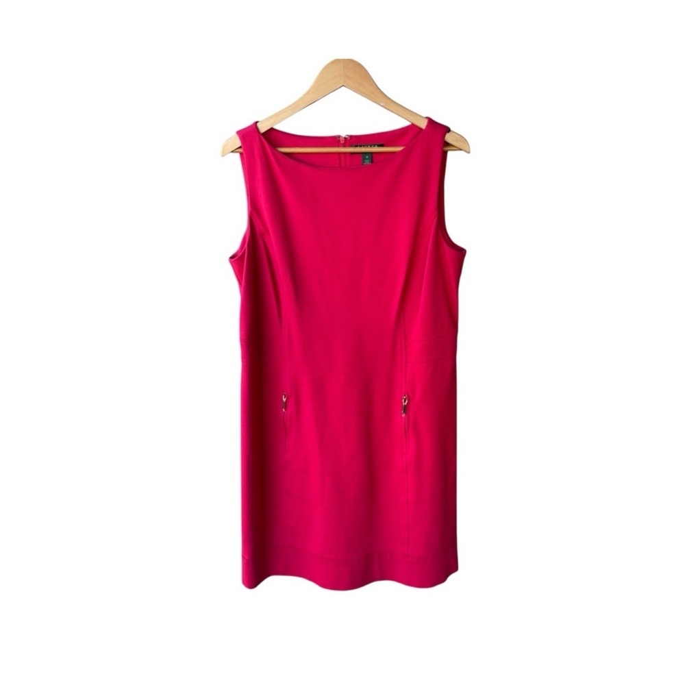 Lauren Ralph Dress Red Sleeveless Sheath Zip Pockets Business Office Size 16